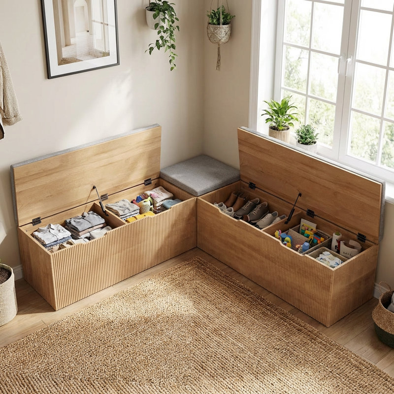 L-Shaped Storage Bench With Cushion, Corner Bench Seating For Dining Room, Kitchen, Entryway, Natural Wood, Natural Wood