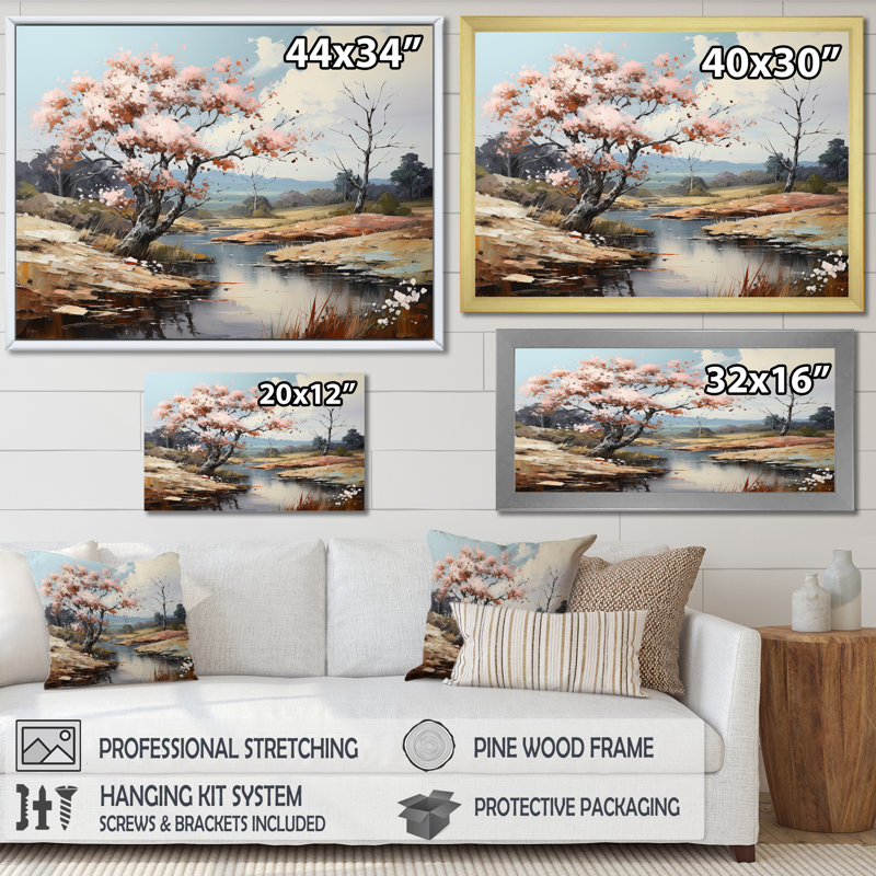 «Pink Trees Blooming In Country Charm», reproduction sur toile, Cadre simple argenté, H 24 po x l 32 po x P 1 po