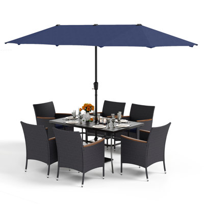 Ensemble de salle à manger 7 pièces en métal et osier en osier avec parasol Leonard