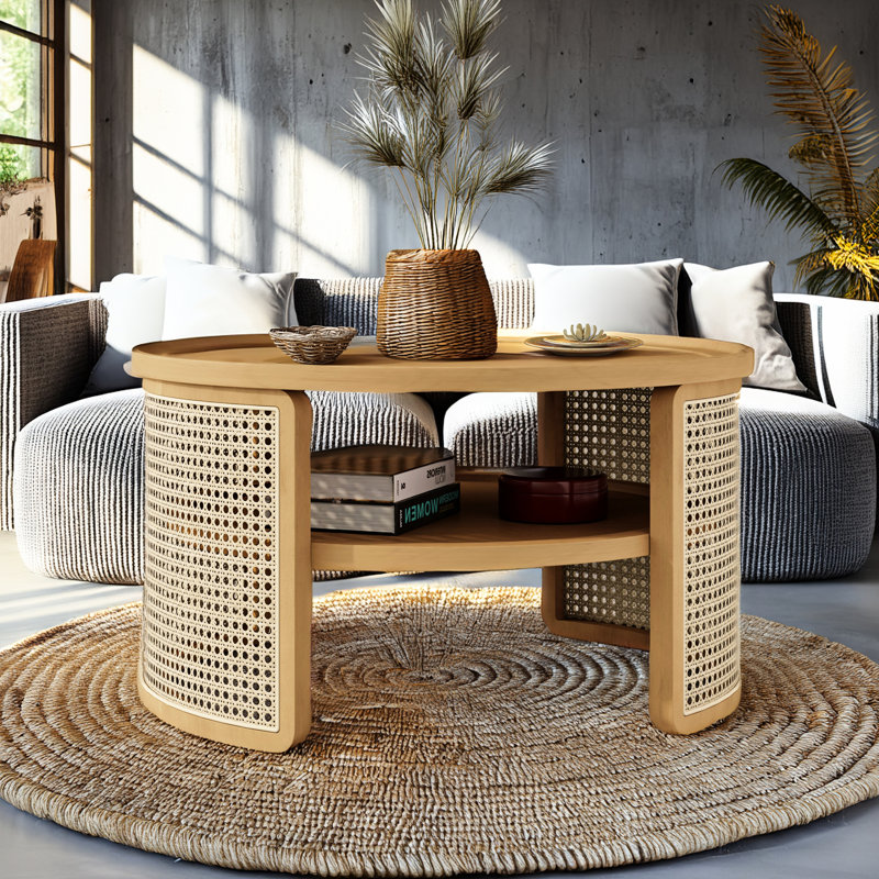 2-Tiered Round Coffee Table With Natural Wood And Weave - Rustic Elegance, Large Capacity Storage, Stable Structure, Curve Edge Design Storage Warm Colours, Appeal, Framework, Curved Protection