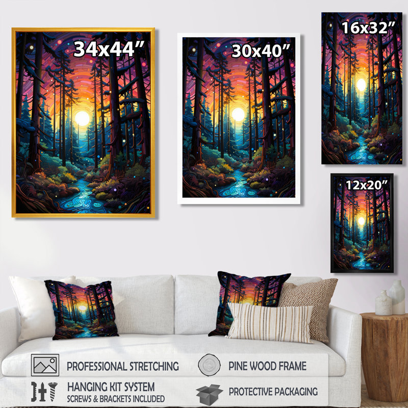 Glorieux, coucher de soleil, forêt bleue, rivière, arbre, séquoia, art mural, salon, Cadre flottant brun, bois massif