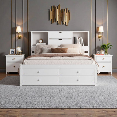 Queen Size Platform Bed with Storage Headboard & 8 Drawers - White, Solid Wood & MDF Frame, No Box Spring Needed