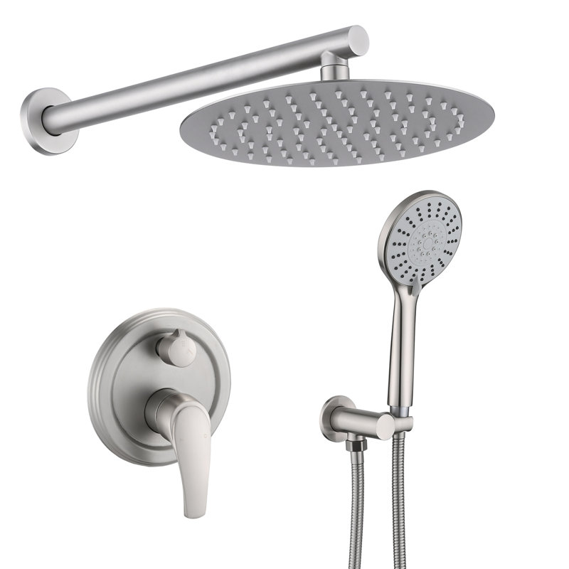 Douche 10 pouces avec pomme de pluie haute et 5 poignées, fixation murale, nickel brossé, fabrication en acier inoxydable