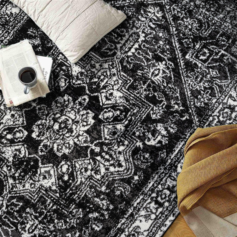 Tapis noir ivoire rétro à médaillon, Rectangulaire 2 pi x 3 pi