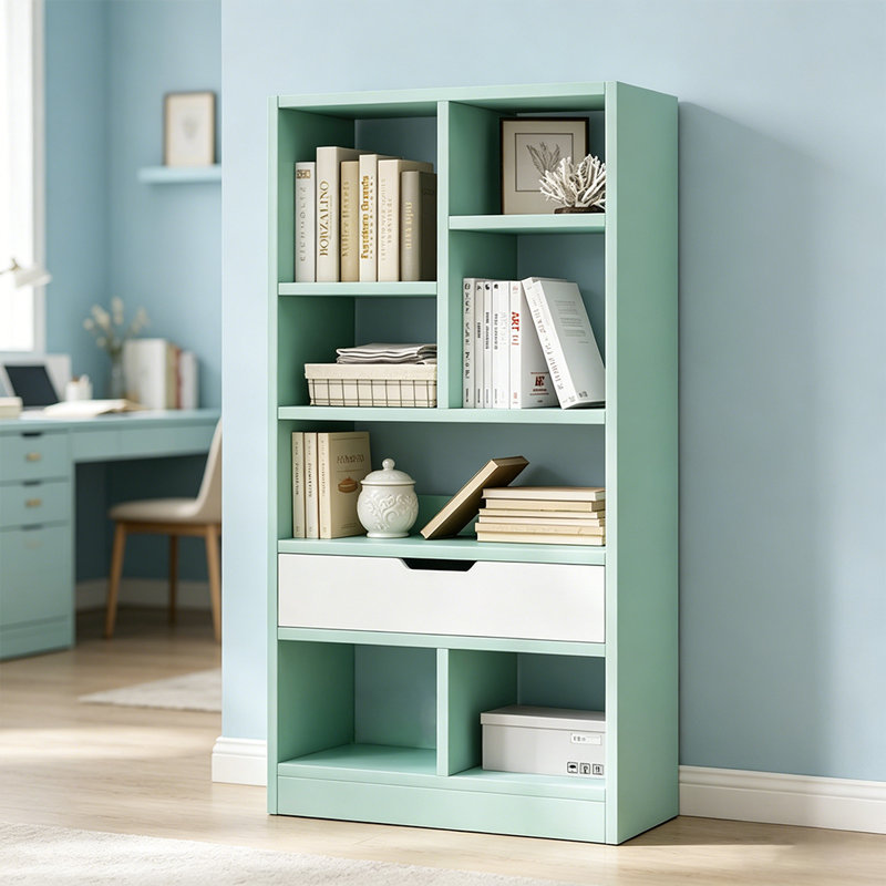 Bibliothèque en bois avec tablette ouverte de 51 pouces de hauteur avec 7 cubes et un tiroir, Vert