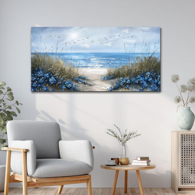 Seaside Beach Wall Art, Modern Blue Ocean Shoreline with Wildflowers Canvas Print, Serene Coastal Decor for Living Room, 24"X48"
