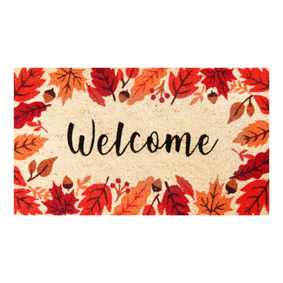 Natural Coco Coir Door Mat with PVC Backing, "Autumn Maple Leaves Welcome", 18"x30", Heavy-Duty Non-Slip Indoor/Outdoor
