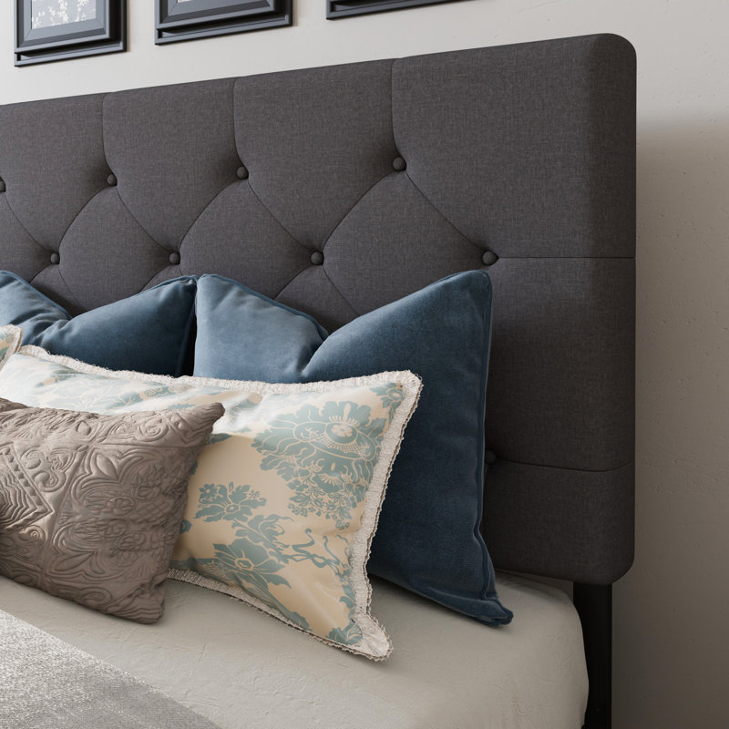 Lit plateforme avec rangement Silvester, Grand, Polyester à capitonnage à losanges gris foncé