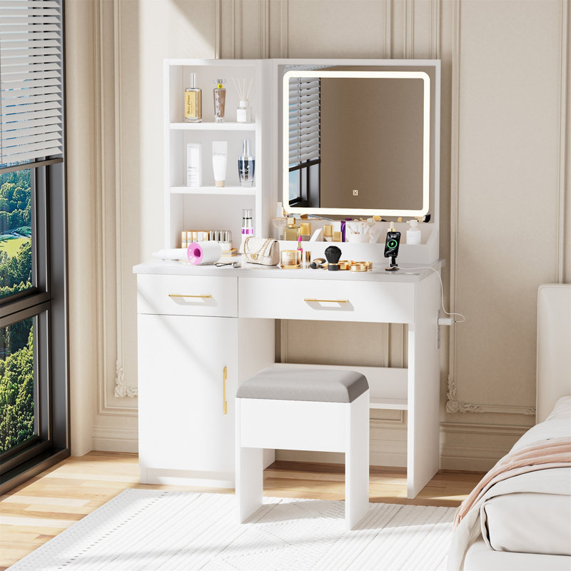 Bureau de maquillage avec miroir et lumières, coiffeuse blanche avec prise de courant et 3 modes d'éclairage, ensemble de coiffeuse avec tiroirs d'armoire et tabouret de rangement pour la chambre