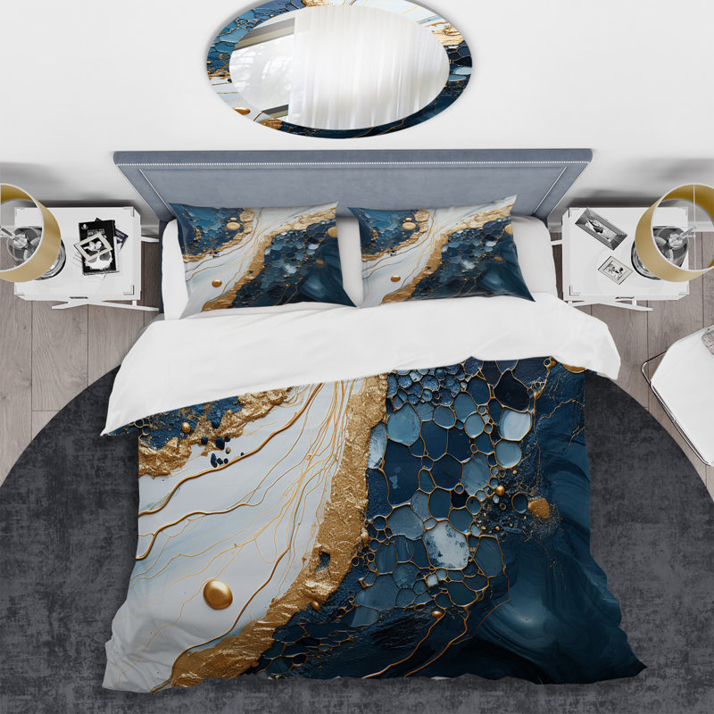 Ensemble de housse de couette or et bleu, Housse de couette pour grand lit et 2 taies décor