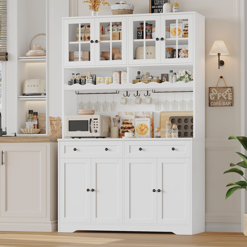 🥐 75.4" Farmhouse Baker's Rack with Charging Station, 47.2" Wide Countertop, 2 AC + 2 USB Outlets, Adjustable Shelves & Wine Storage, Soft-Close Doors