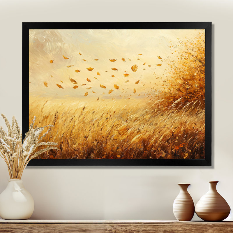 Autumn Windy Prairie Leaves II - feuilles, art mural, Reproduction encadrée d'une seule photo, Noir, H 12 po x l 20 po