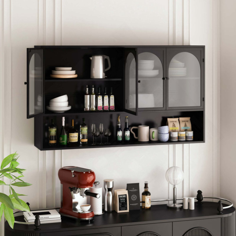 Four-Door Glass Wall Cabinet Storage, Wall-Mounted,Suitable For Kitchen, Living Room, Bathroom, Black