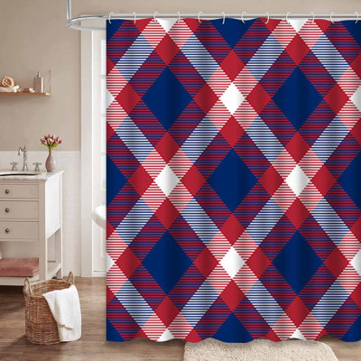 Patriotic Tartan White Blue Red Navy Shower Curtain with 12 Hooks