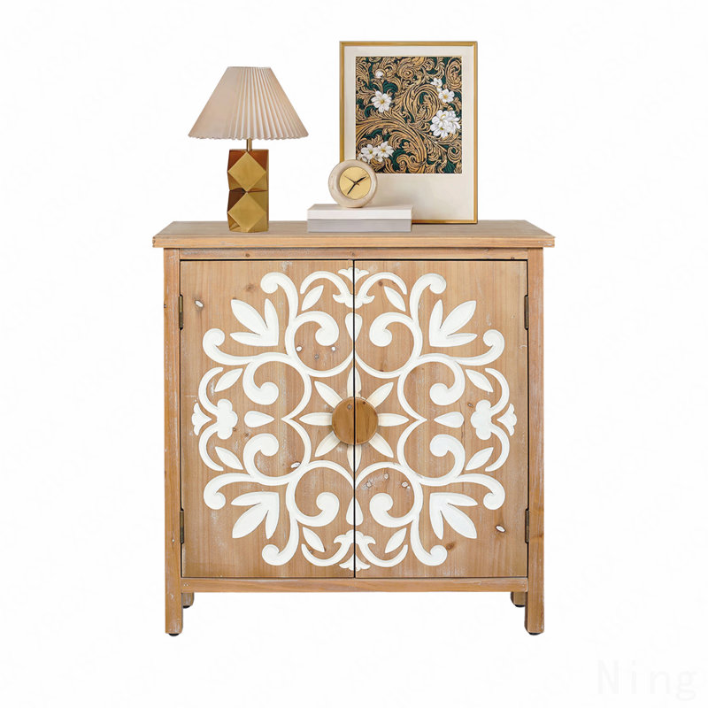 Rustic Wood 2-Door Accent Storage Cabinet With Floral Carved Doors