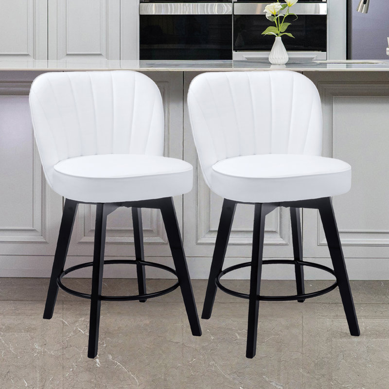 MINCETA 360° Swivel Bar Stools Set of 2, 26 Inch Counter Height Bar Stool with Shell Backrest, PU Leather Upholstered Bar Chair with with Footrest, for Kitchen Island, Home Bar, White