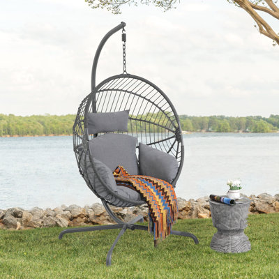 Outdoor Hanging Egg Chair PE Rattan Wicker Patio Swing Chair With Stand Cushion Rain Cover