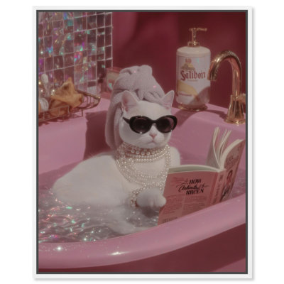 «Glamour Cat Bathtime», reproduction d'art sur toile par Glamour par Art Remedy, cadre blanc, 16 x 20