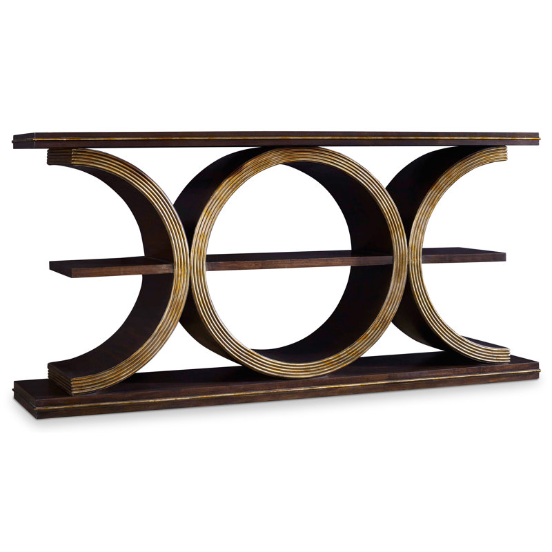 Transitional Brown Gold Wood Demilune Console Table with Storage