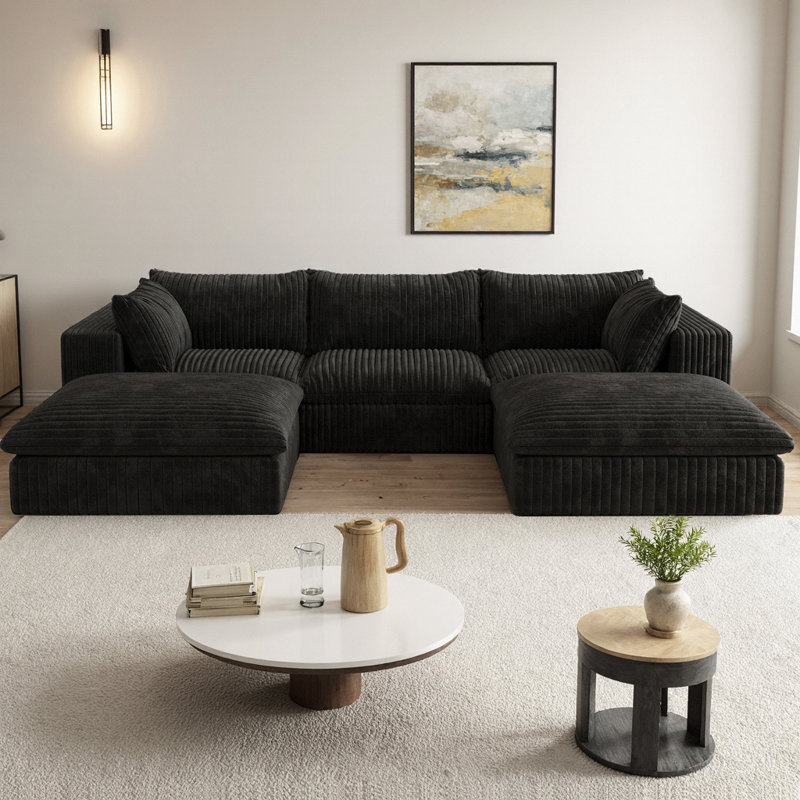 Canapé modulaire en tissu de velours côtelé en forme de U 118,2 po Ridge, Black Corduroy