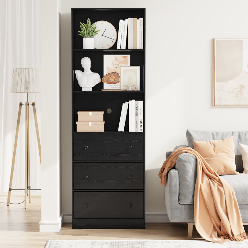 70.9'' H X 23.6'' W Standard Bookcase Cabinet with 2 Open Shelves and 3 Drawers, Black