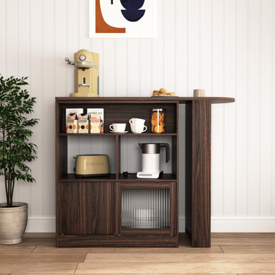 Walnut Modern Bar Cabinet With 6 Storage Boxes And A Rotating Condiment Stand Shelf Cabinet, Walnut, Spaces 2 Glass Doorways by George Oliver