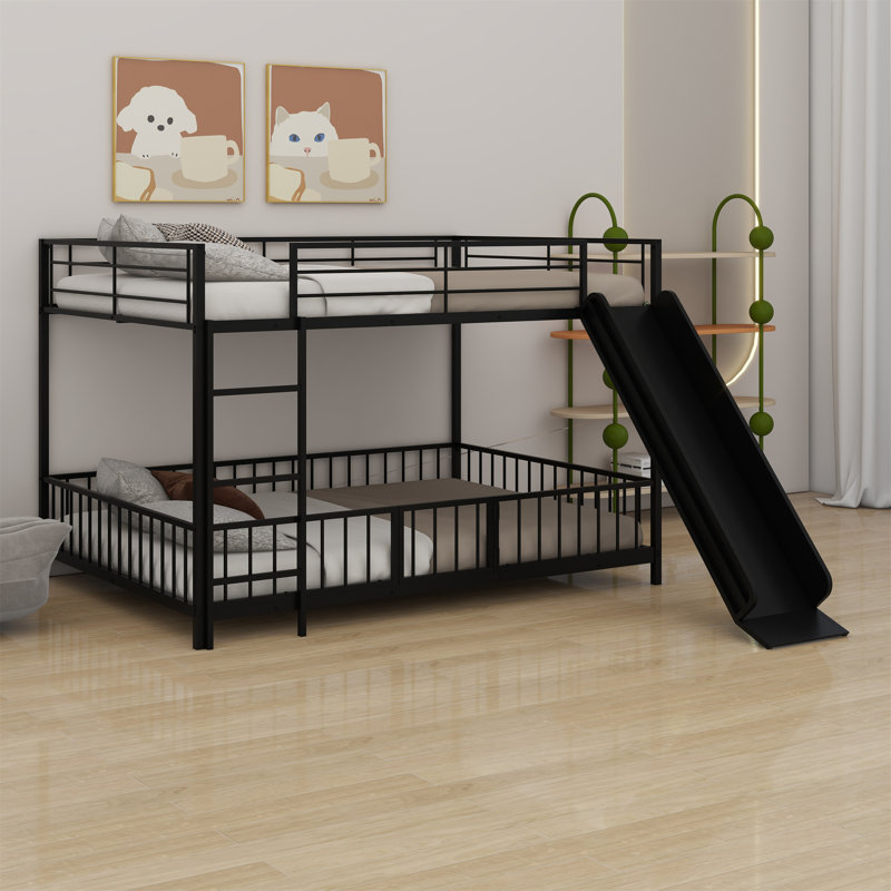 Metal Bunk Bed With Slide And Guardrails, Twin Over Twin, Black
