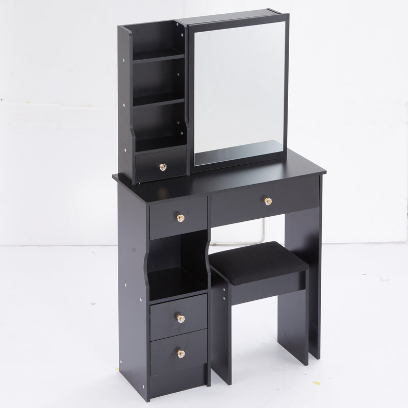 Petit meuble-lavabo de 29,2 po avec tabouret de bureau et tabouret rembourré, très grand miroir coulissant à droite, rangement multi-couches à grande capacité, commode pratique et pratique, convient aux petits espaces