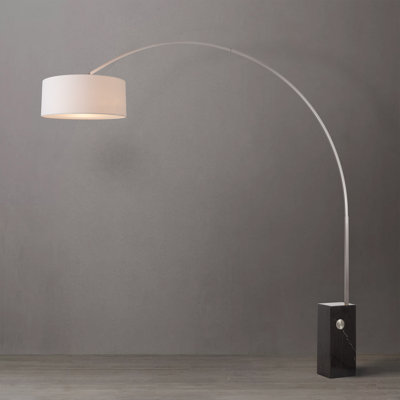 Iconic 95" Arc Floor Lamp - Mid-Century Modern, Satin Nickel Steel, Black Marble Base, White Linen Drum Shade, Dimmable