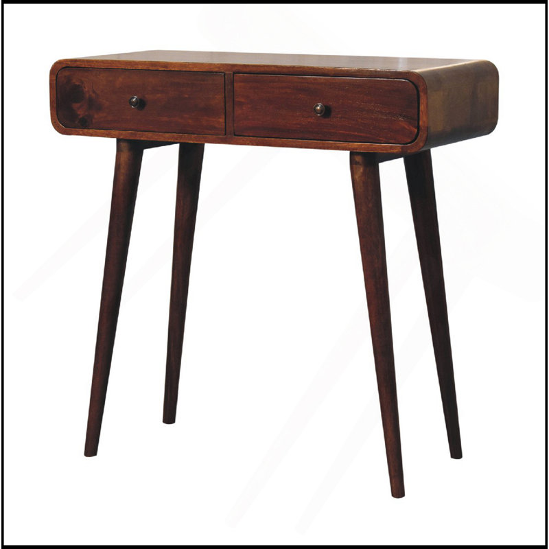 Table de couloir courbée en bois massif à 2 tiroirs, pieds nordiques, brun foncé, Brun
