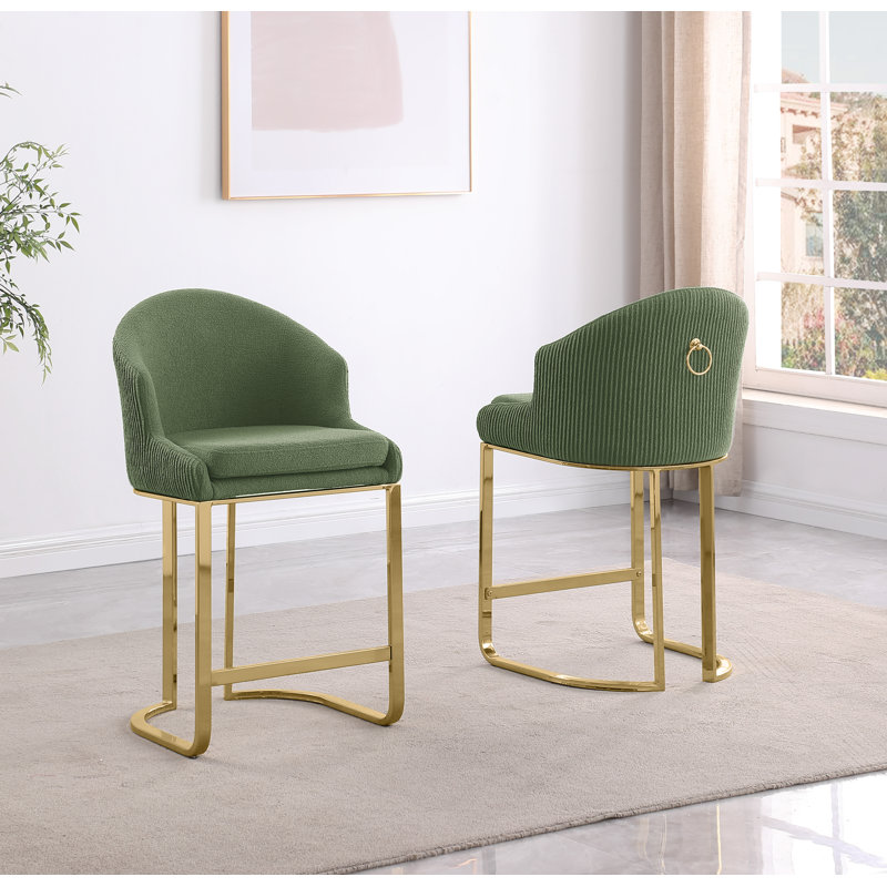 Tabourets de bar et de comptoir en tissu imitation fourrure avec dossier plissé, Vert, Argent argent