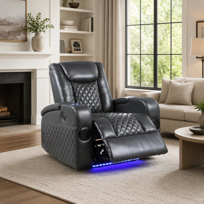 Fauteuil inclinable électrique en cuir gris foncé Alair avec Bluetooth, recharge sans fil et porte-gobelet pour un confort moderne