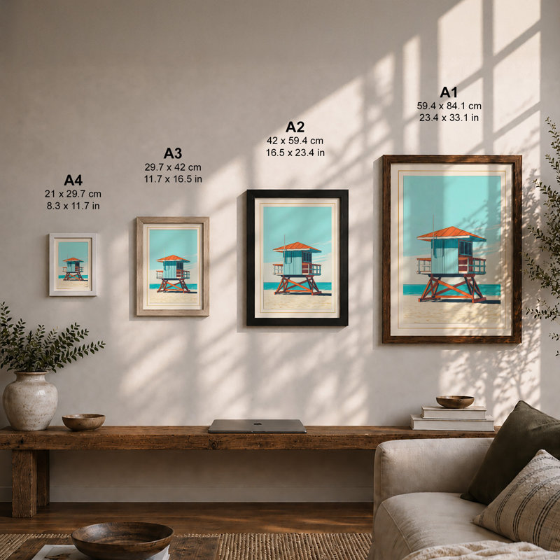 Lifeguard Tower Watch Retro - Framed Print, Unframed, A4 - 29.7 x 21.0 cm