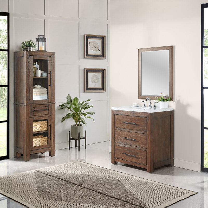 Meuble-lavabo l 31 po x P 22 po Asellus en noyer avec comptoir en marbre blanc et lavabo blanc