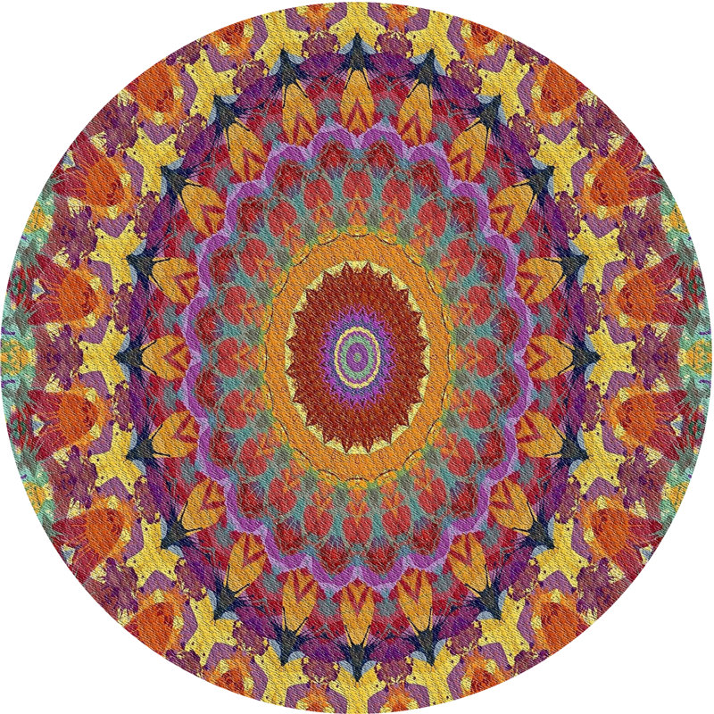 Tapis rose/bleu/jaune tissé à la machine, Rond 4 pi