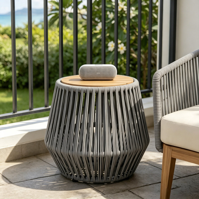 Table d'appoint d'extérieur avec plateau en bois d'acacia et base en corde pour patio et jardin, Gris