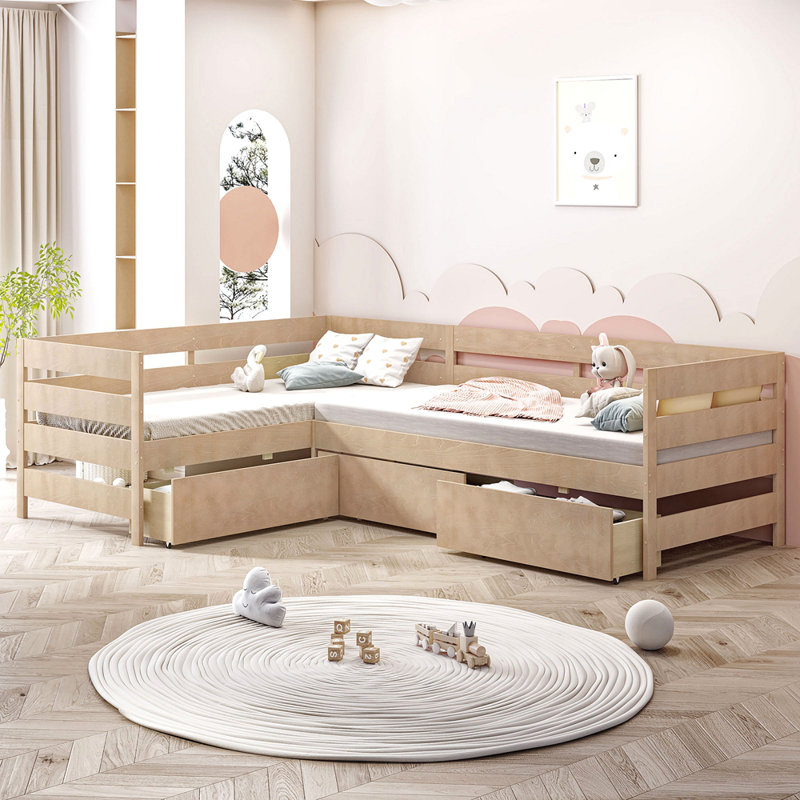 Twin Size L-Shaped Platform Bed With Three Storage Drawers