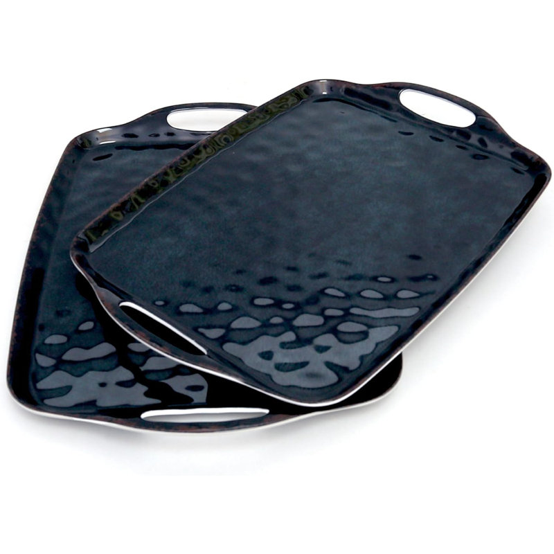 TP Serving Tray With Handles, Large Rectangle Melamine Serving Platter Set Of 2, Black, Solid Color