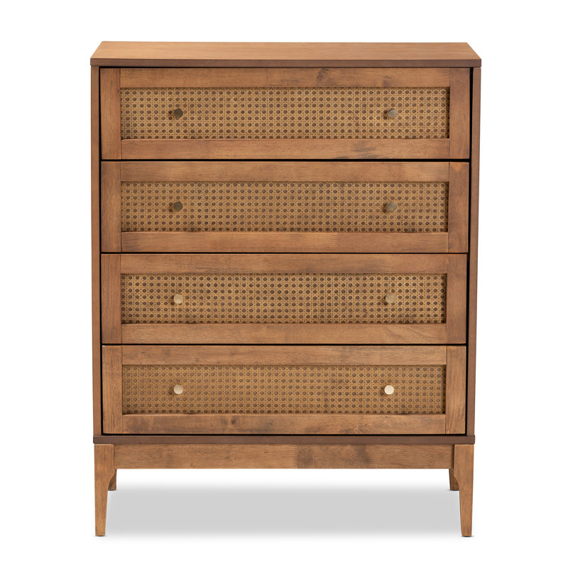 Walnut and Rattan Mid-Century 4-Drawer Chest