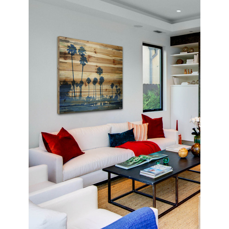 «Blue Palms» par Parvez Taj, reproduction d'art sur bois de pin naturel, H 40 po x l 40 po x P 1,5 po
