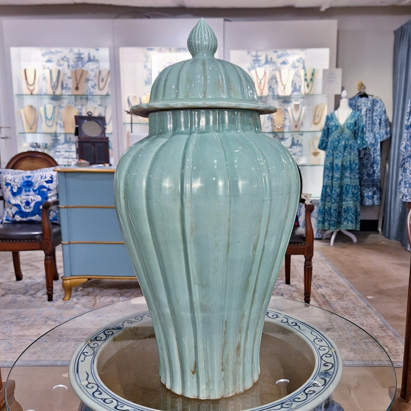 Pale Blue Fluted Jar with Lid, Green