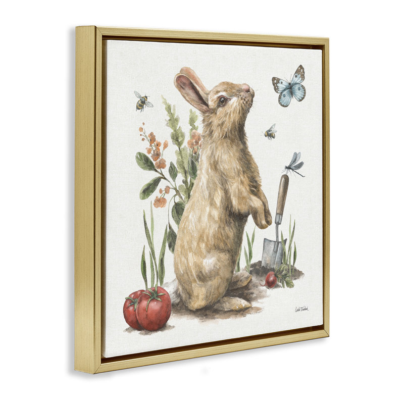 «Garden Patch Rabbit», toile encadrée flottante grise par Leslie Trimbach, Cadre flottant métallique doré, H 18 po x l 18 po