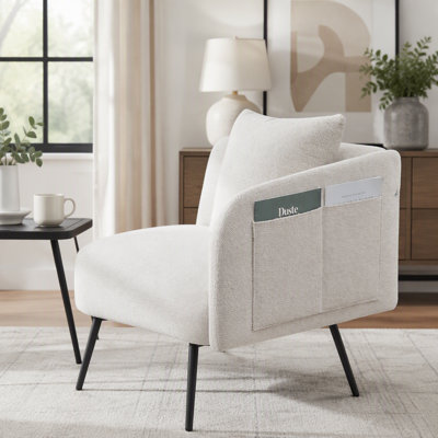 Fauteuil de loisir, fauteuil de détente avec petite table et coussin de dossier, chaises rembourrées modernes avec pieds en métal et poches latérales, canapé simple pour le salon / la chambre / le jardin