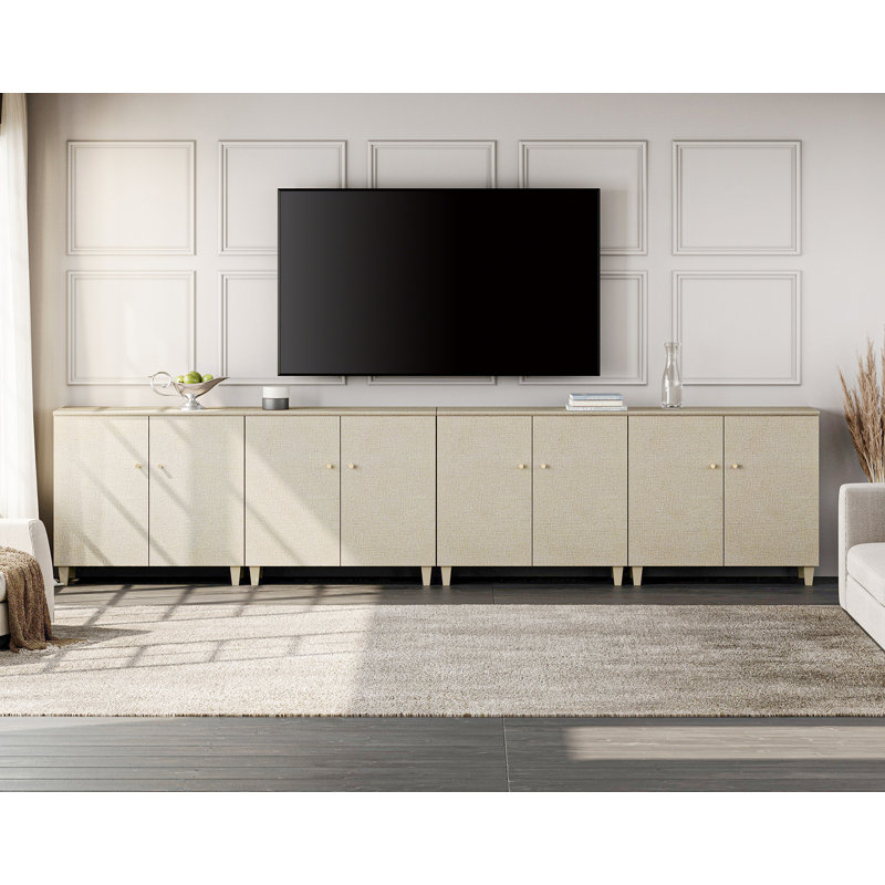Meuble télé 4 en 1 avec portes, centre de divertissement avec 12 compartiments de rangement, Beige