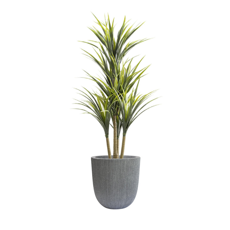 14.8" Gray Fluted Faux Cement Planter, Tall Tapered Round Pot with Drainage, Lightweight UV Resistant Plastic for Indoor Outdoor, 12.5" Opening