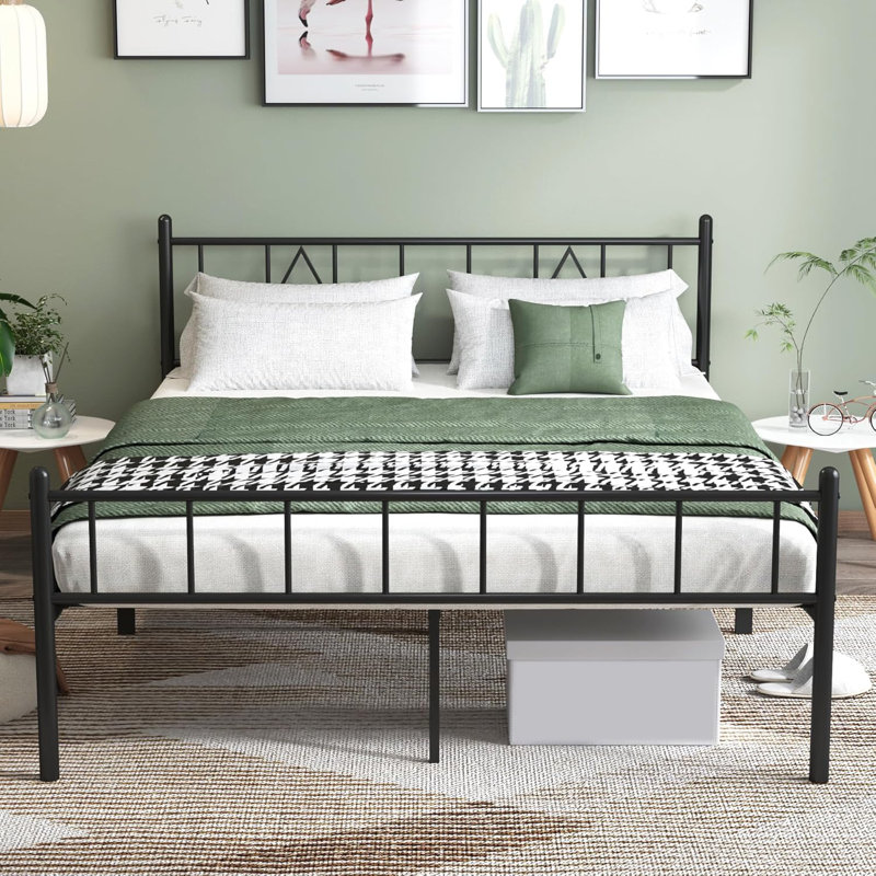 Cadre de lit de 14 po avec tête de lit / pied de lit, rangement sous le lit, support solide en lattes de métal, aucun sommier requis, silencieux, assemblage facile, noir