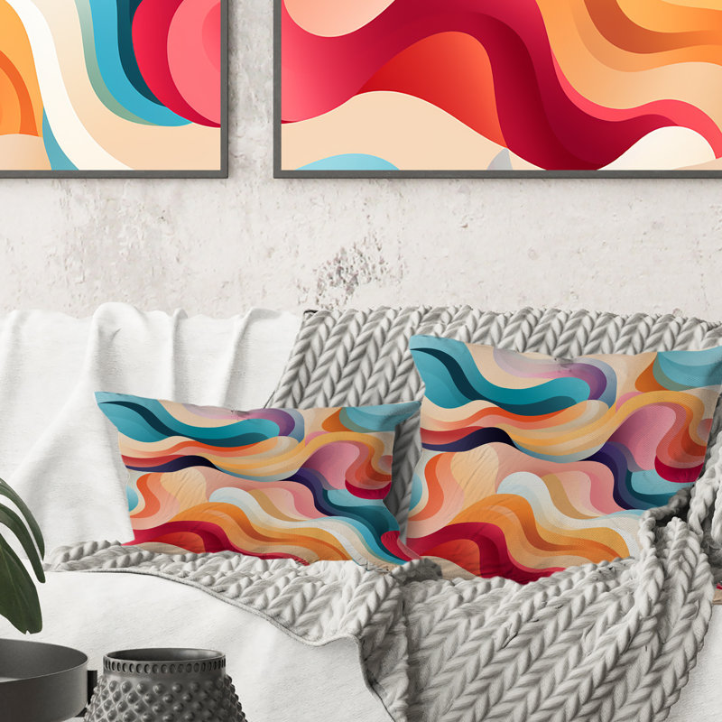 Doux doux multicolore abstrait Neutralité Wave II - Coussin décoratif imprimé abstrait, 16 po x 16 po