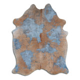 Tapis en peau de vache faite à la main avec imprimé animal bleu turquoise délavé