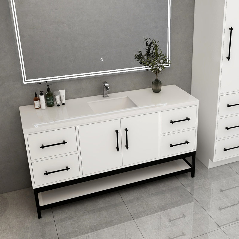 Victoria 60'' Wall-Mounted Vanity with Single Reinforced Acrylic Sink & Rack, Gloss White