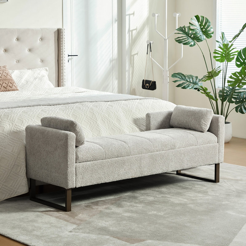 Banc de lit rembourré avec rangement à rabat et repose-pieds en chenille avec accoudoirs, Light gray